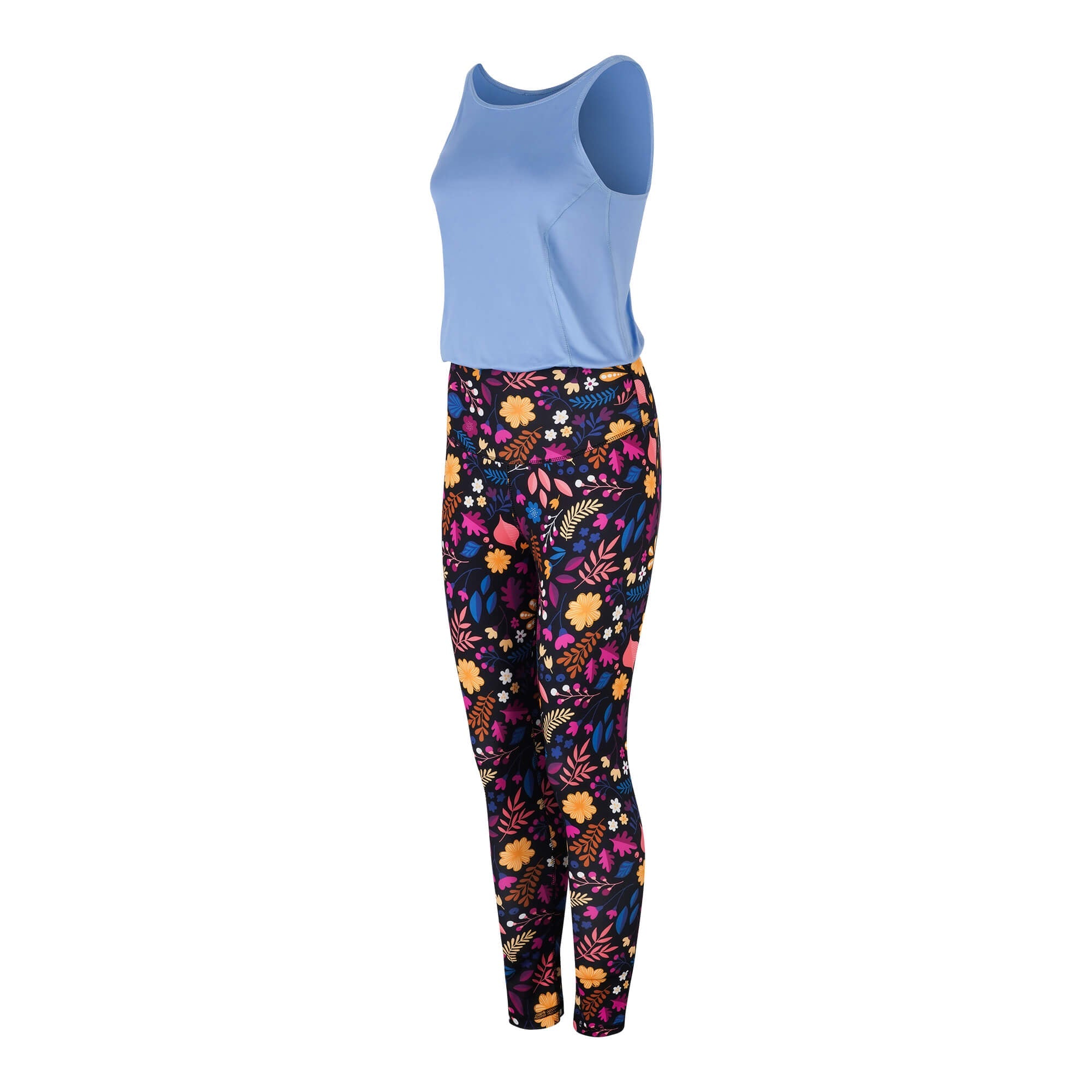 Yoga Jumpsuit hellblaues Oberteil und Blumenmuster unterteil