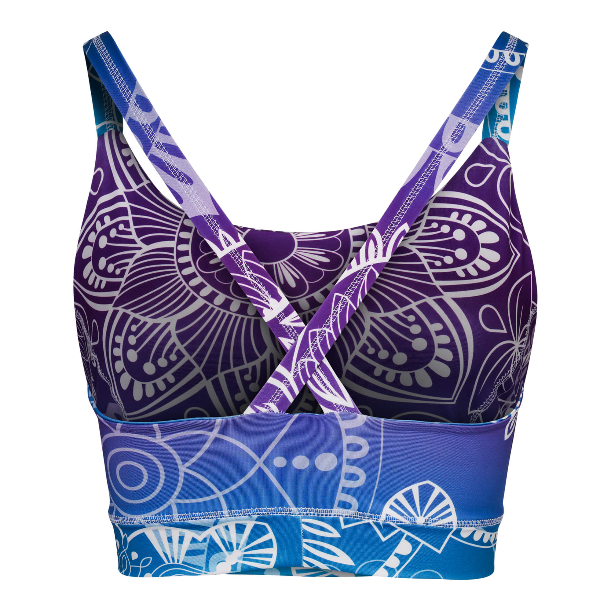 Yoga bra von hinten mit lila blauem muster
