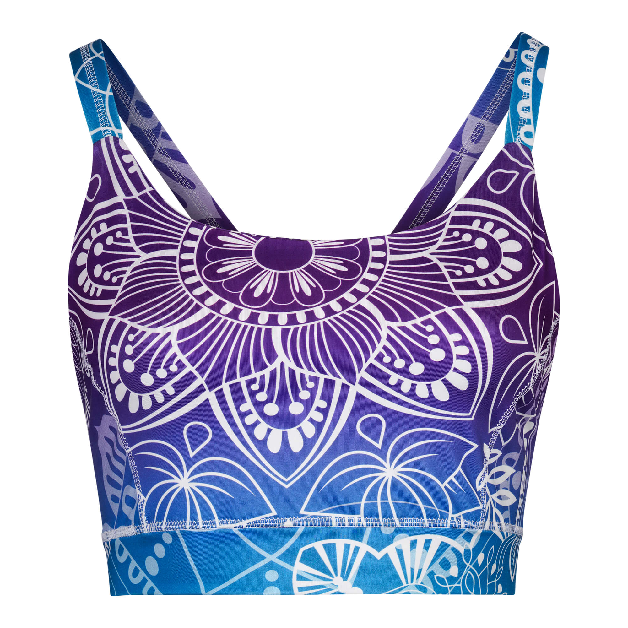 Yoga bra mit blau lila Muster von vorne