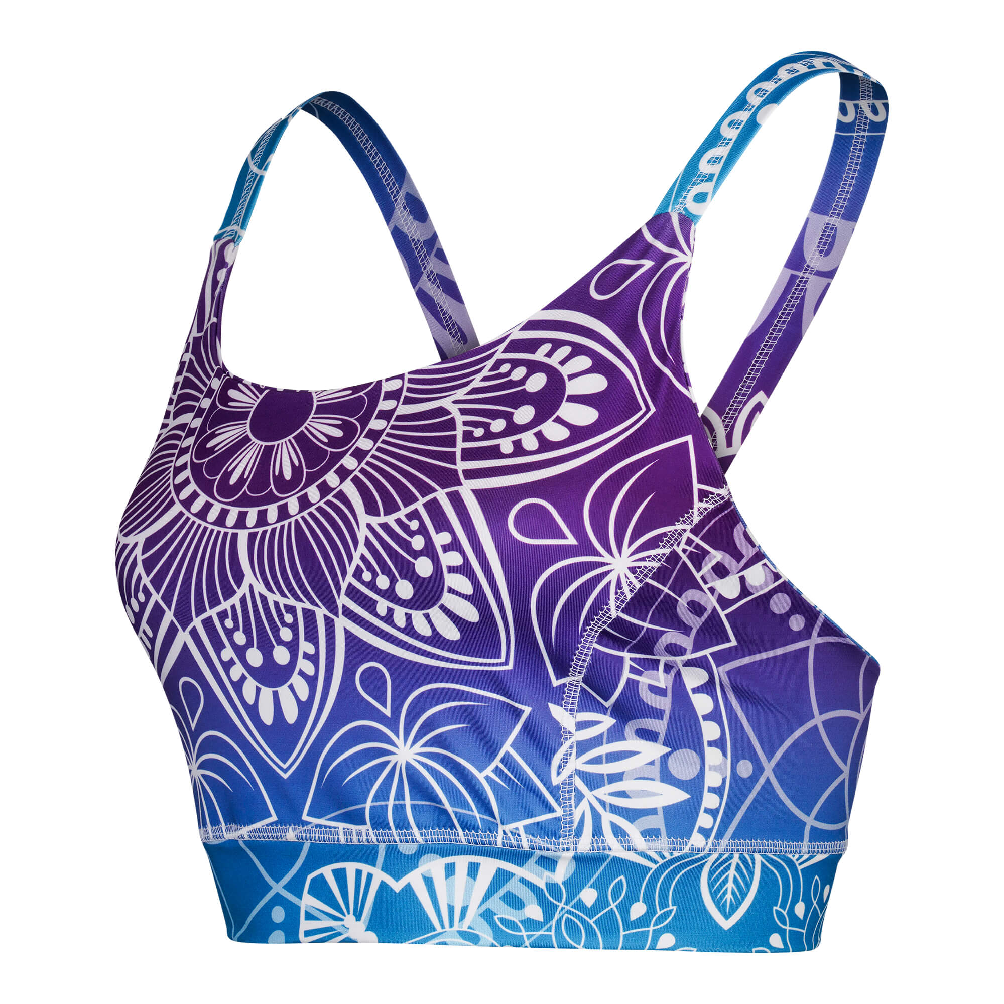 Yoga bra mit blauem und lila Muster von der Seite