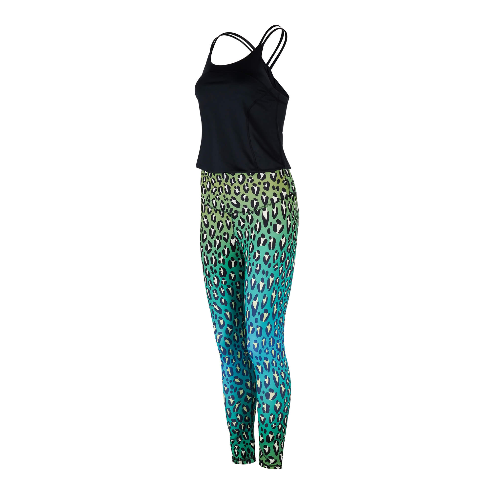 Yoga jumpsuit schwarzes Oberteil grünes Leopardenmuster unterteil