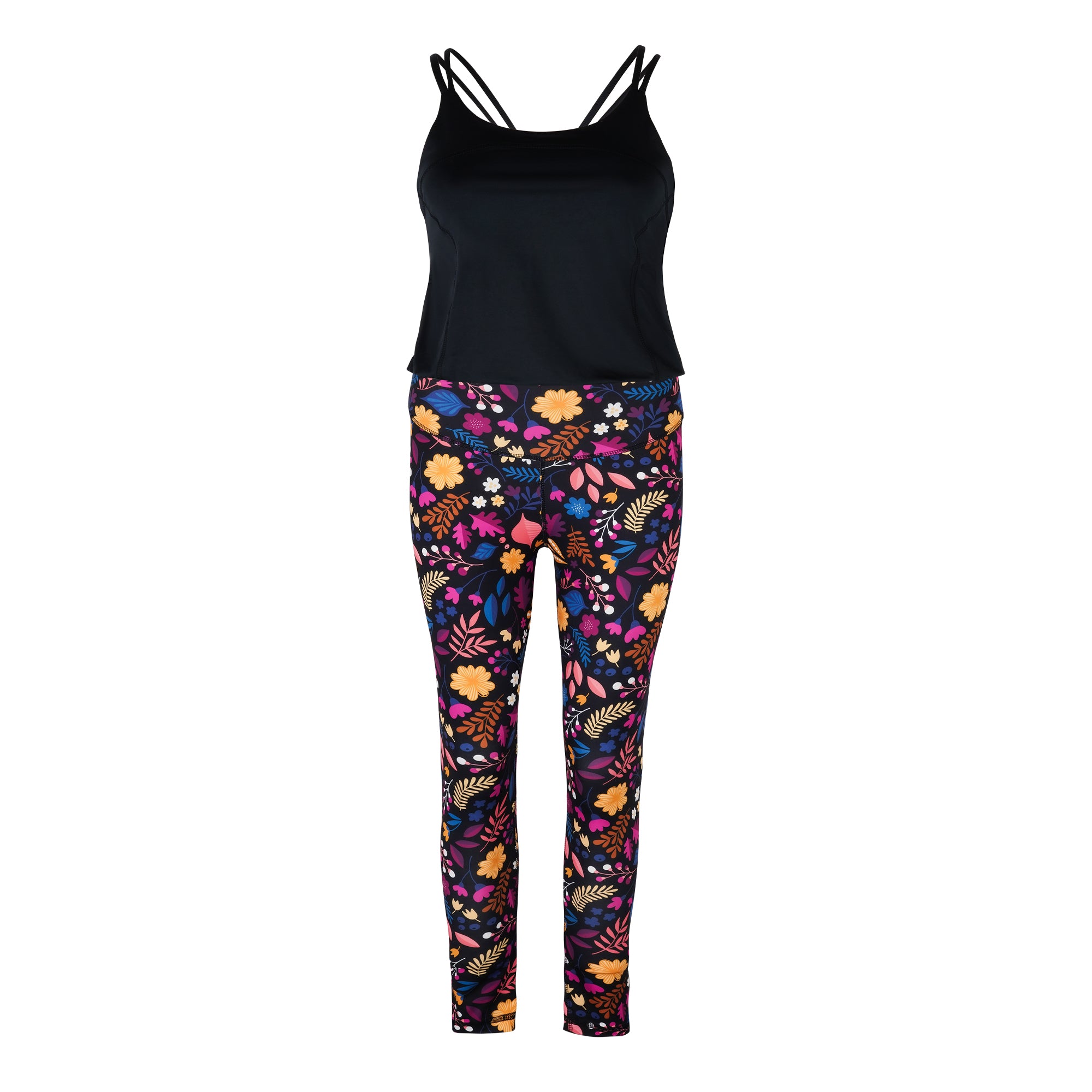 Yoga Jumpsuit in hollow Modell mit schwarzem Oberteil und buntem Blumenmuster Unterteil
