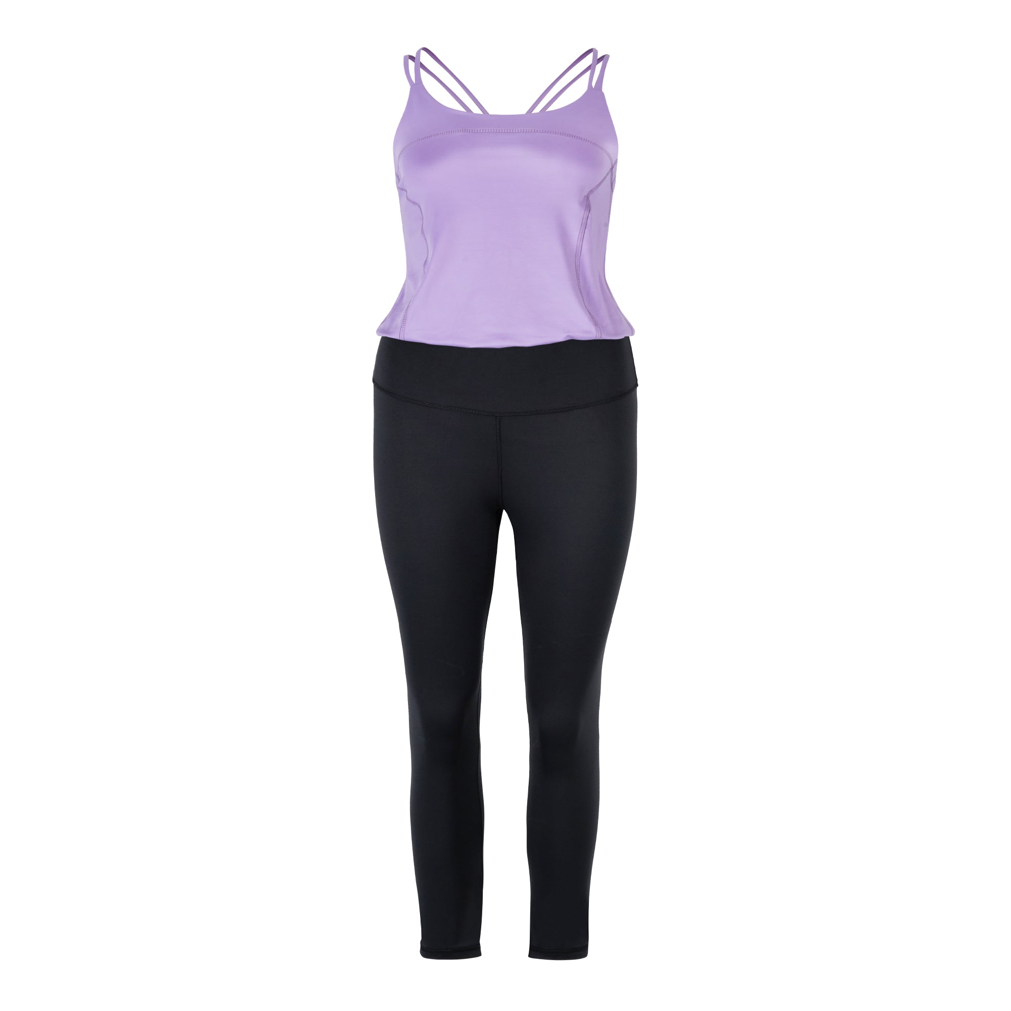 Yoga Jumpsuit in hollow Modell mit lila Oberteil und schwarzem Unterteil