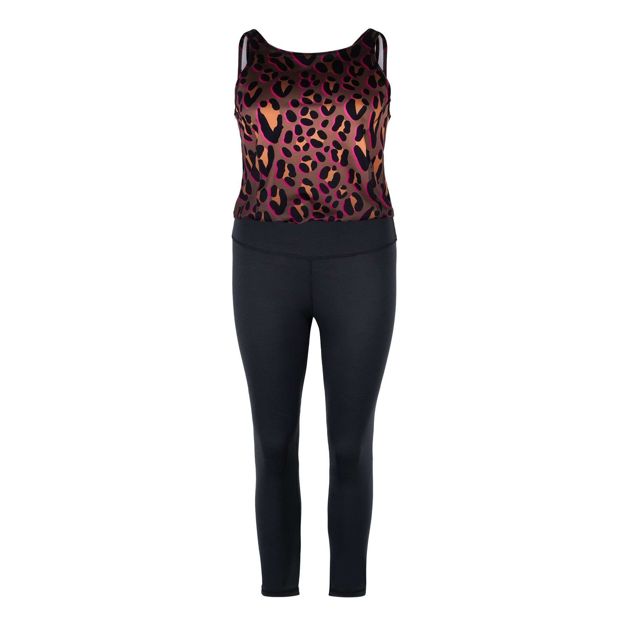 Yoga Jumpsuit in hollow Modell mit leoparden Oberteil und schwarzem Unterteil