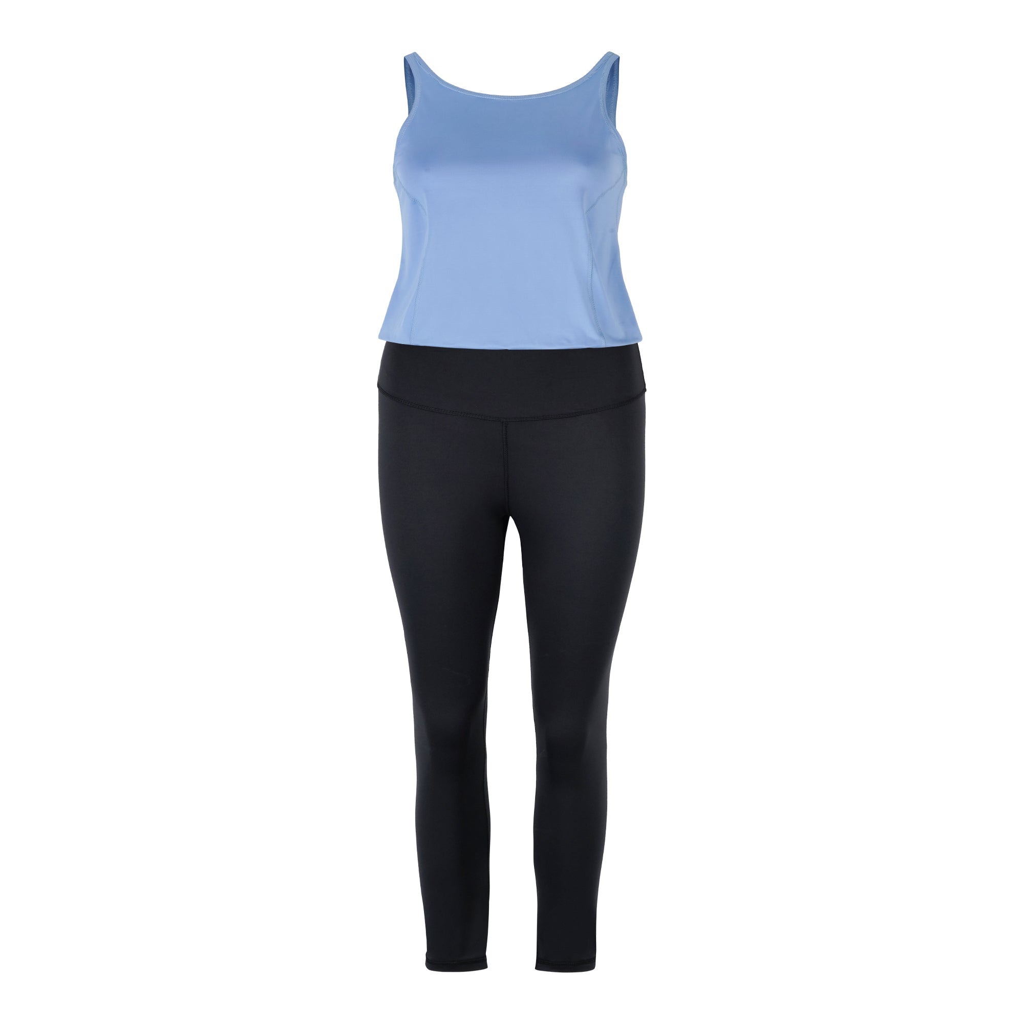 Yoga Jumpsuit in hollow Modell mit hellblauem Oberteil und schwarzem Unterteil