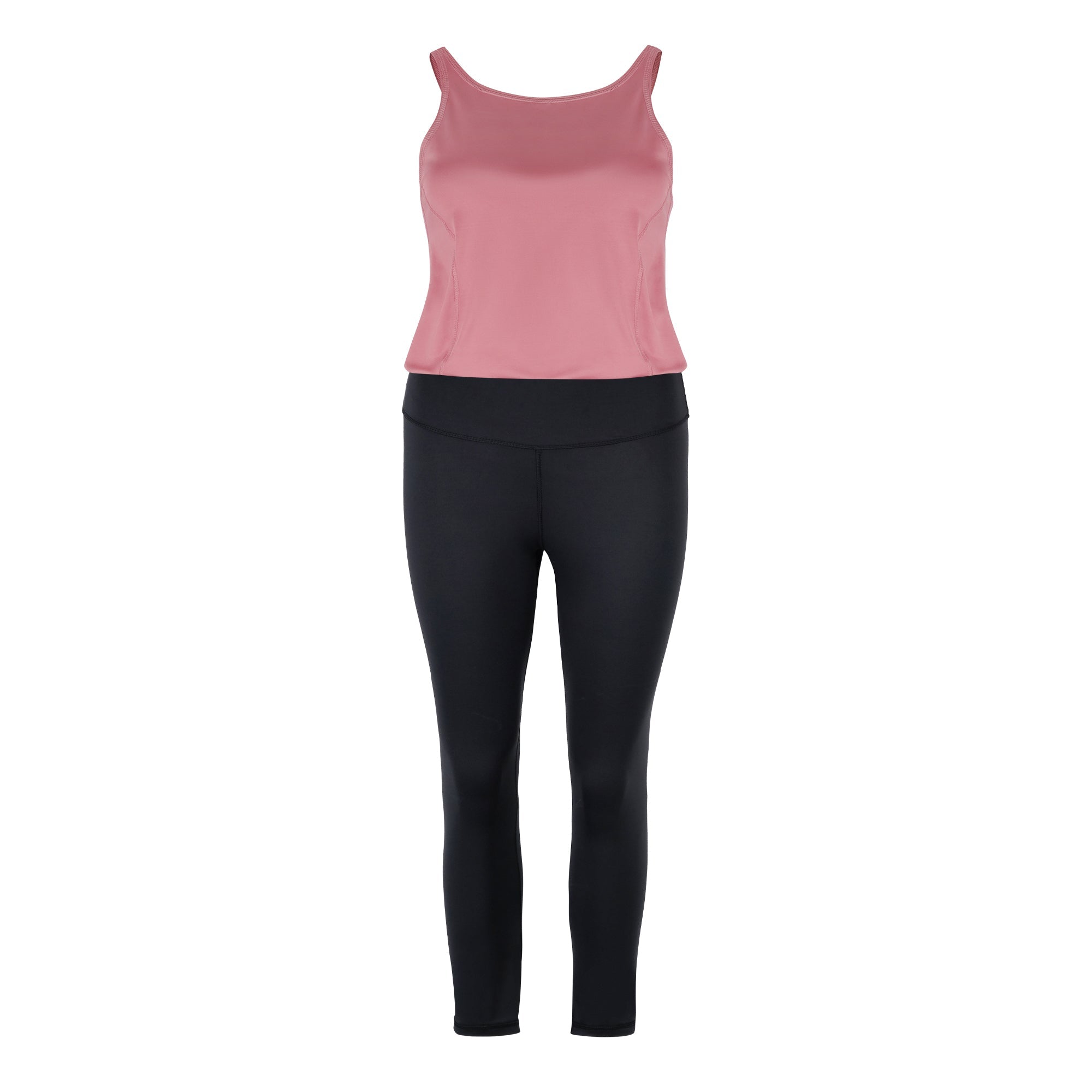 Yoga Jumpsuit in hollow Modell mit altrosa Oberteil und schwarzem Unterteil
